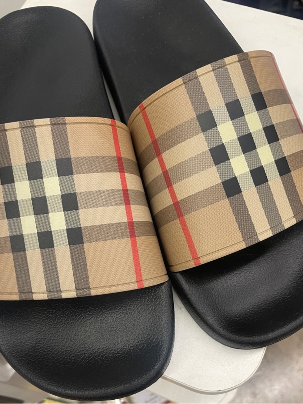 Burberry Plaid Slide Sandals in Tan, Black and Red